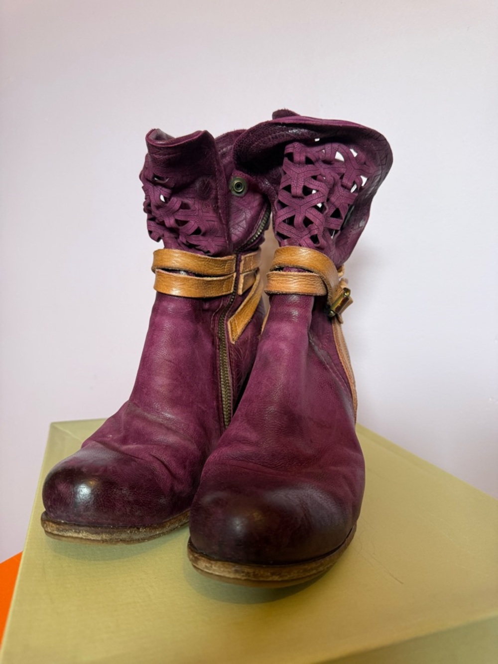 A.S.98 Plum Leather Ankle Boots with Tan Strap - Picture 5 of 5